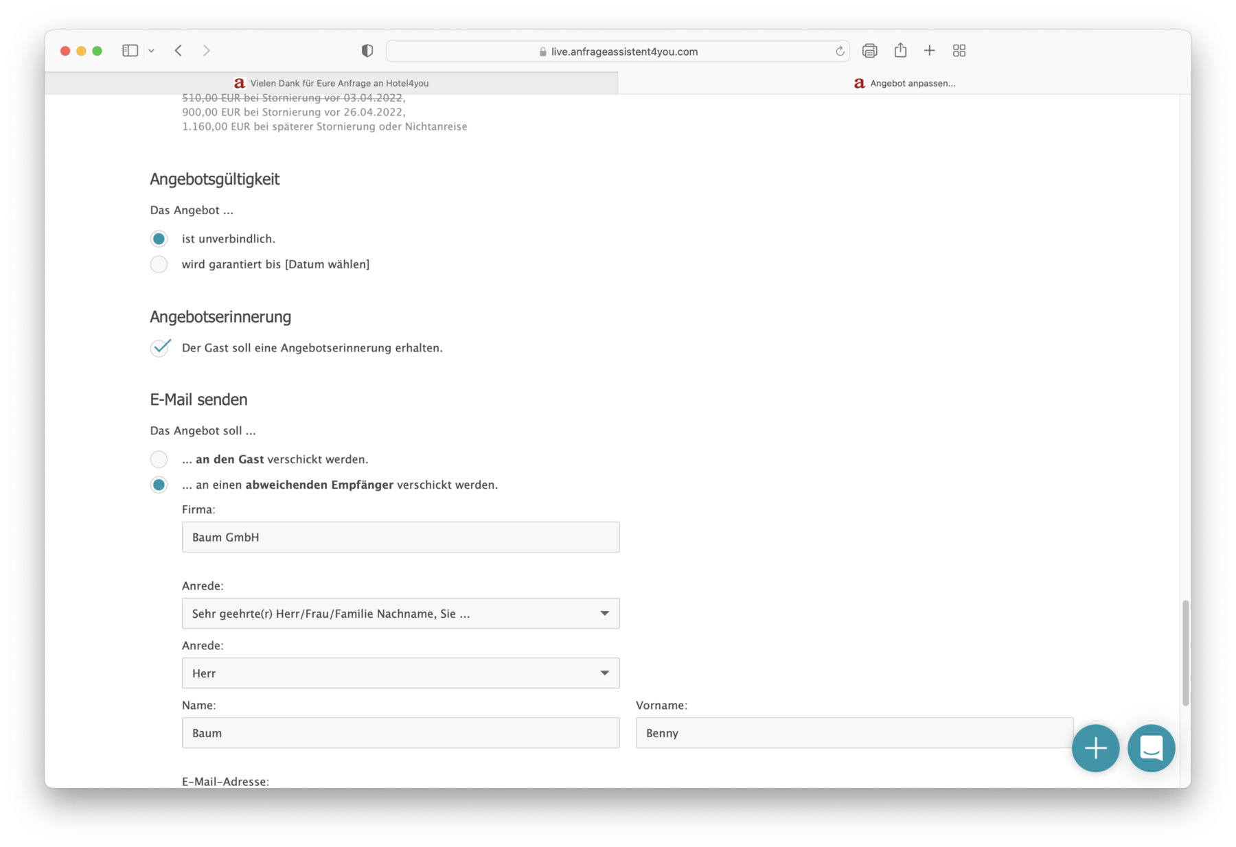 Angebot mit abweichendem Empfänger erstellen