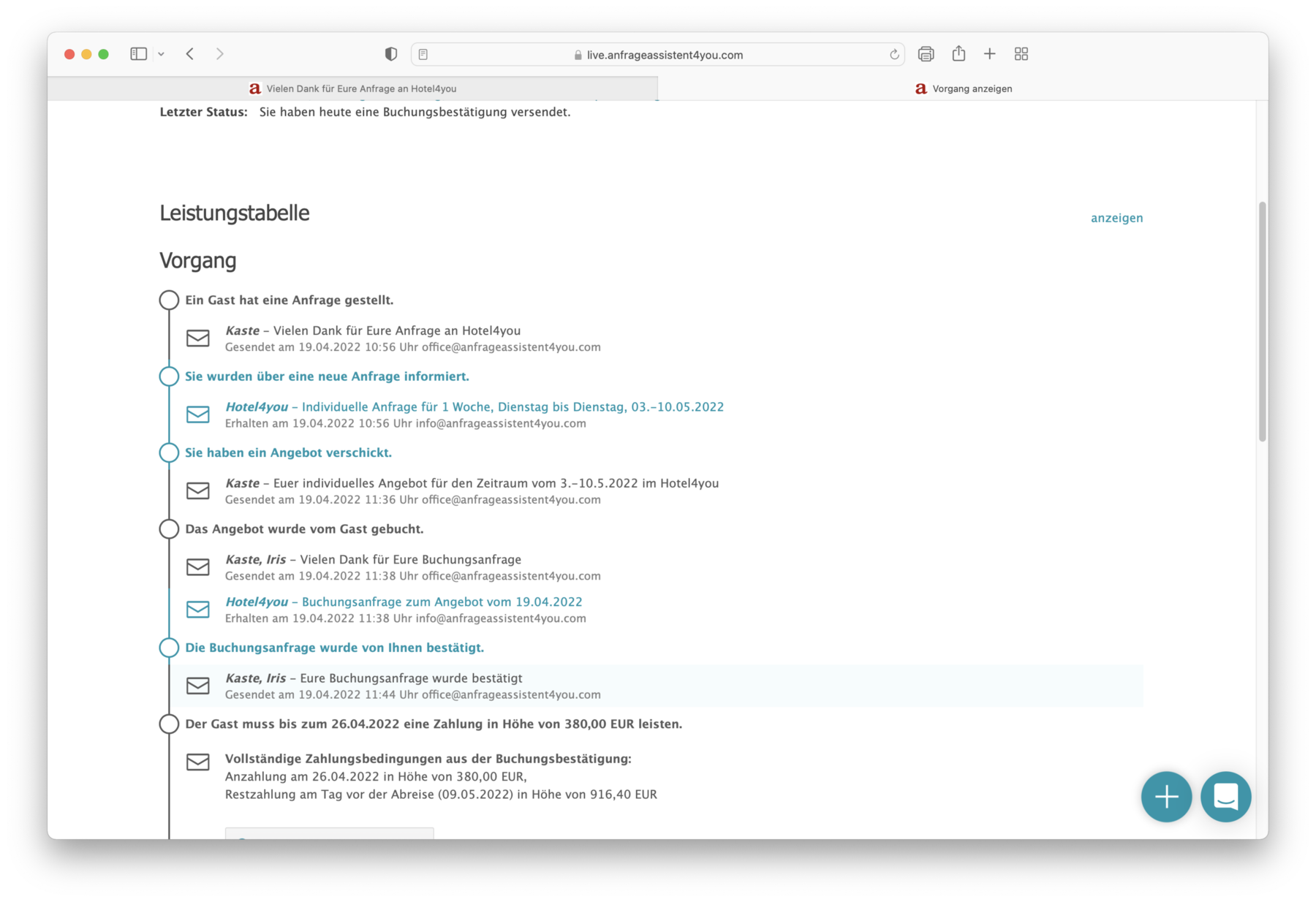 Buchungsbestätigung im Vorgang